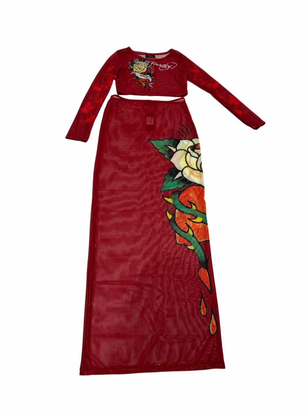 Ed Hardy Red Mesh Cover Up Beach Skirt Set Rose Tattoo Rhinestone Y2K Size M NWT - Picture 2 of 8